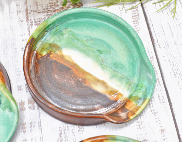 Ceramic Spoon Rest Handmade Copper Verdigris Green BBQ Air Fryer Tong Cooking Medium Large Stoneware Pottery Stovetop Countertop Coffee Bar