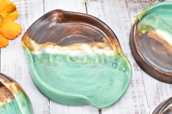 Ceramic Spoon Rest Handmade Copper Verdigris Green BBQ Air Fryer Tong Cooking Medium Large Stoneware Pottery Stovetop Countertop Coffee Bar