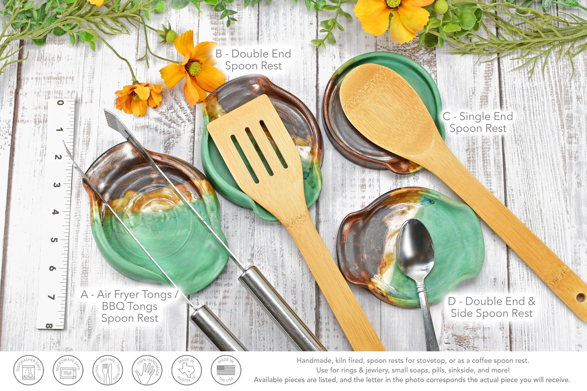 Ceramic Spoon Rest Handmade Copper Verdigris Green BBQ Air Fryer Tong Cooking Medium Large Stoneware Pottery Stovetop Countertop Coffee Bar