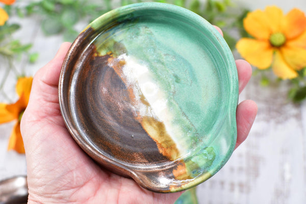 Ceramic Spoon Rest Handmade Copper Verdigris Green BBQ Air Fryer Tong Cooking Medium Large Stoneware Pottery Stovetop Countertop Coffee Bar