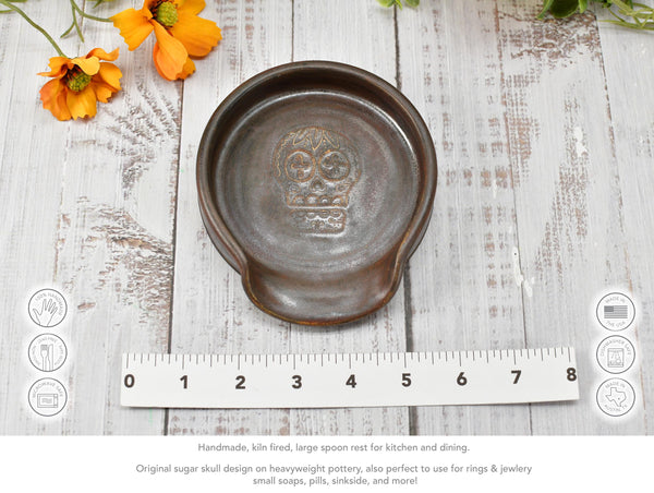 Sugar Skull Spoon Rest Ceramic Bronze Handmade Stoneware Pottery Large Stovetop Counter Coffee Bar Day of The Dead Kitchen Dining Goth Decor