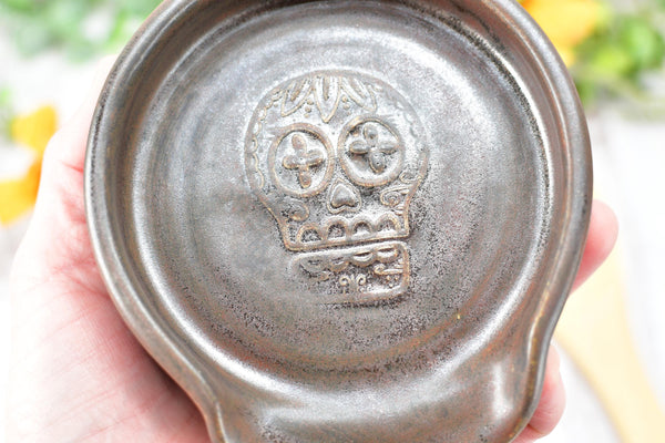 Sugar Skull Spoon Rest Ceramic Bronze Handmade Stoneware Pottery Large Stovetop Counter Coffee Bar Day of The Dead Kitchen Dining Goth Decor
