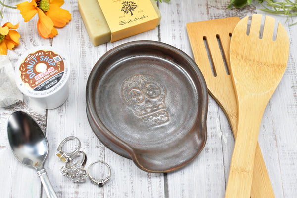 Sugar Skull Spoon Rest Ceramic Bronze Handmade Stoneware Pottery Large Stovetop Counter Coffee Bar Day of The Dead Kitchen Dining Goth Decor