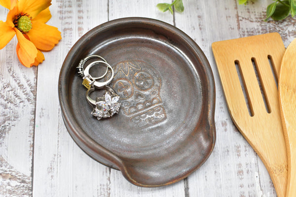 Sugar Skull Spoon Rest Ceramic Bronze Handmade Stoneware Pottery Large Stovetop Counter Coffee Bar Day of The Dead Kitchen Dining Goth Decor
