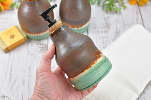 Handmade Ceramic Lotion / Soap Dispenser Stoneware Pottery in Bronze, Copper, Rust Orange, and Turquoise for Bathroom and Kitchen Decor