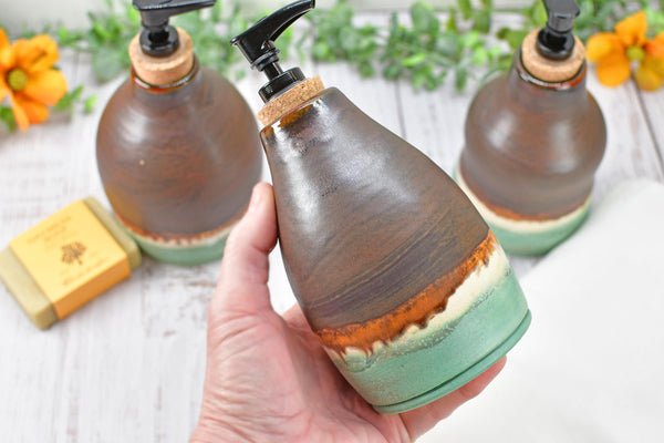 Handmade Ceramic Lotion / Soap Dispenser Stoneware Pottery in Bronze, Copper, Rust Orange, and Turquoise for Bathroom and Kitchen Decor