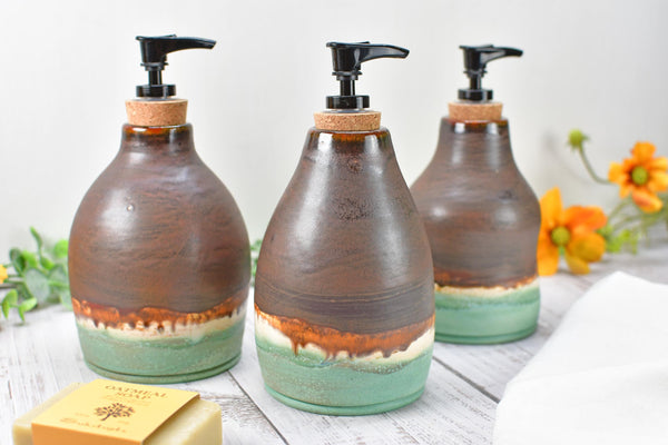 Handmade Ceramic Lotion / Soap Dispenser Stoneware Pottery in Bronze, Copper, Rust Orange, and Turquoise for Bathroom and Kitchen Decor