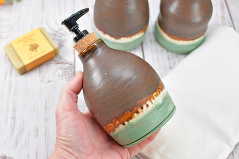 Handmade Ceramic Lotion / Soap Dispenser Stoneware Pottery in Bronze, Copper, Rust Orange, and Turquoise for Bathroom and Kitchen Decor