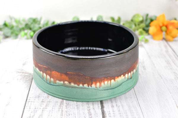Ceramic Dog Food or Water Bowl in Bronze, Verdigris Green and Black - Handmade Stoneware Pottery Wheel Thrown Medium to Large Size Pet Dish