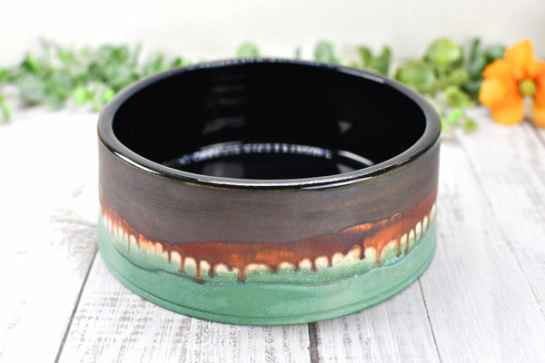 Ceramic Dog Food or Water Bowl in Bronze, Verdigris Green and Black - Handmade Stoneware Pottery Wheel Thrown Medium to Large Size Pet Dish