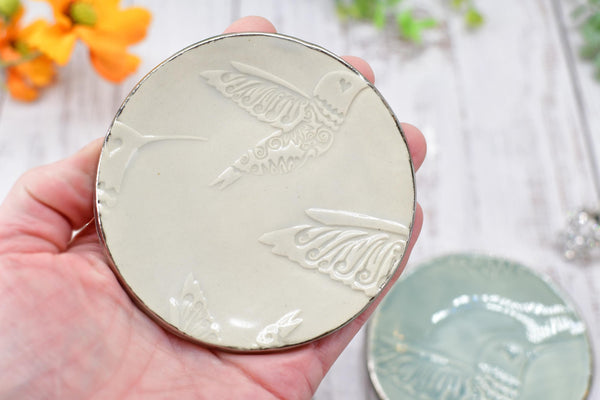 Hummingbird White Gold Jewelry Trinket Dish, Ceramic Handmade Coffee Spoon Rest, Blue Gray Silver Stoneware Wedding Engagement Gift for Her