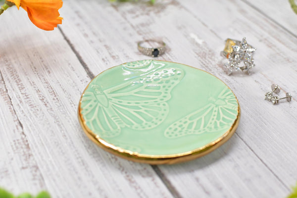 Butterfly Yellow Gold Jewelry Trinket Dish, Ceramic Handmade Coffee Spoon Rest, Mint Green Monarch Stoneware Wedding Engagement Gift for Her
