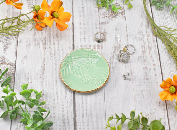 Butterfly Yellow Gold Jewelry Trinket Dish, Ceramic Handmade Coffee Spoon Rest, Mint Green Monarch Stoneware Wedding Engagement Gift for Her