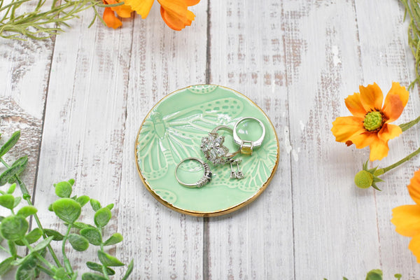 Butterfly Yellow Gold Jewelry Trinket Dish, Ceramic Handmade Coffee Spoon Rest, Mint Green Monarch Stoneware Wedding Engagement Gift for Her