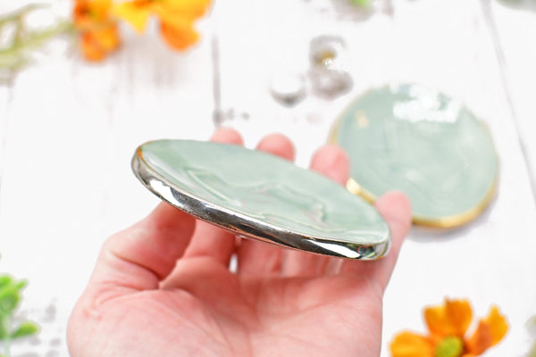 Texas White Yellow Gold Jewelry Trinket Dish, Ceramic Handmade Coffee Spoon Rest, Blue Gray Silver Stoneware Wedding Engagement Gift for Her