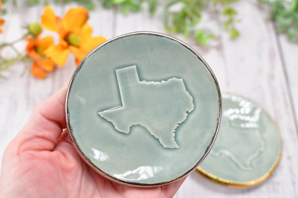 Texas White Yellow Gold Jewelry Trinket Dish, Ceramic Handmade Coffee Spoon Rest, Blue Gray Silver Stoneware Wedding Engagement Gift for Her