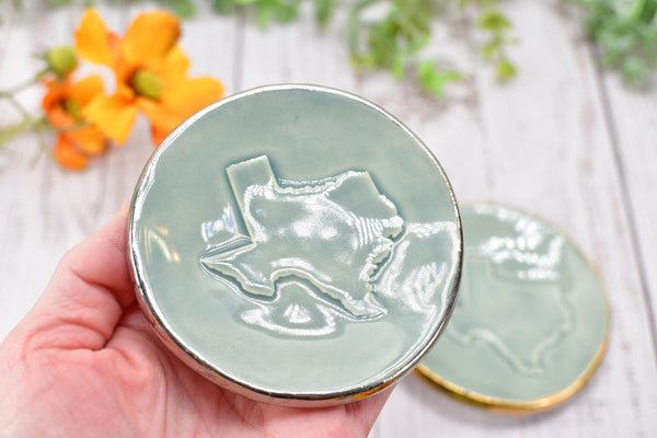 Texas White Yellow Gold Jewelry Trinket Dish, Ceramic Handmade Coffee Spoon Rest, Blue Gray Silver Stoneware Wedding Engagement Gift for Her