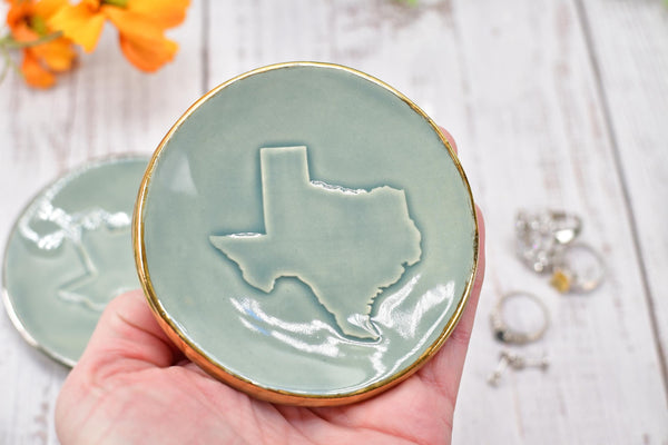 Texas White Yellow Gold Jewelry Trinket Dish, Ceramic Handmade Coffee Spoon Rest, Blue Gray Silver Stoneware Wedding Engagement Gift for Her