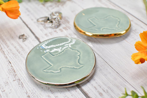 Texas White Yellow Gold Jewelry Trinket Dish, Ceramic Handmade Coffee Spoon Rest, Blue Gray Silver Stoneware Wedding Engagement Gift for Her