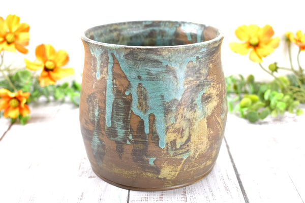 Ceramic Utensil Holder Crock for Kitchen Countertop Cooking Tool Organizer Handmade Blue Brown Tan Housewarming Wedding Christmas Gift