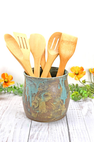 Ceramic Utensil Holder Crock for Kitchen Countertop Cooking Tool Organizer Handmade Blue Brown Tan Housewarming Wedding Christmas Gift