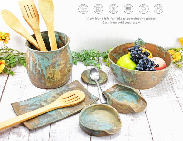 Ceramic Utensil Holder Crock for Kitchen Countertop Cooking Tool Organizer Handmade Blue Brown Tan Housewarming Wedding Christmas Gift