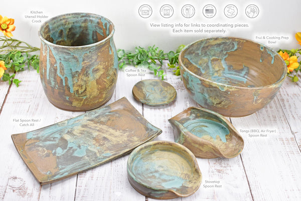 Ceramic Utensil Holder Crock for Kitchen Countertop Cooking Tool Organizer Handmade Blue Brown Tan Housewarming Wedding Christmas Gift