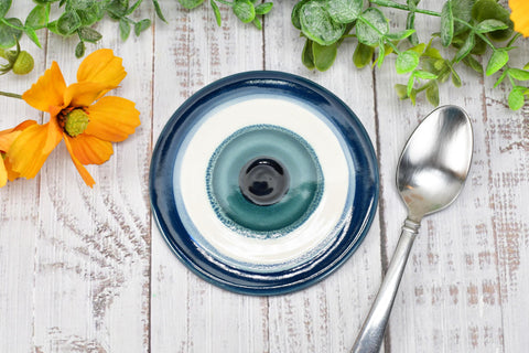 Spoon Rest Evil Eye Pottery Blue White Ceramic Coffee Tea Bag Small Bar Soap Handmade Handpainted Stoneware Housewarming Spiritual Gift Flat
