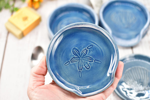 Seashell Ceramic Spoon Rest, Blue Beach Decor Handmade Medium & Large Stoneware Pottery for Stovetop, Table, or Counter with Sand Dollar