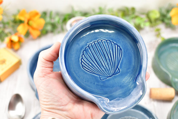 Seashell Ceramic Spoon Rest, Blue Beach Decor Handmade Medium & Large Stoneware Pottery for Stovetop, Table, or Counter with Sand Dollar