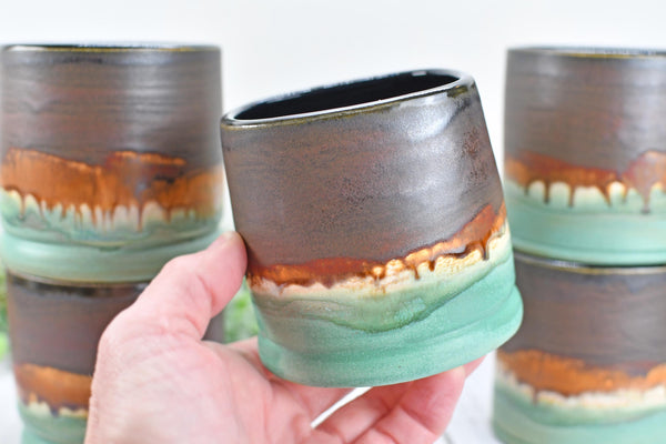 Handmade Ceramic Whiskey Tumbler, Bronze & Turquoise, Eco-Friendly 9th Anniversary Gift