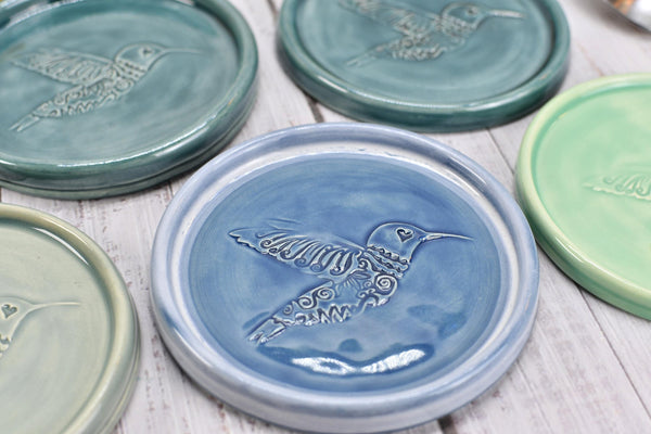 Hummingbird Ceramic Spoon Rest, Medium Flat Handmade Stoneware Stove Top Pottery in Blue, Gray, Green - Trinket Dish Housewarming Gift