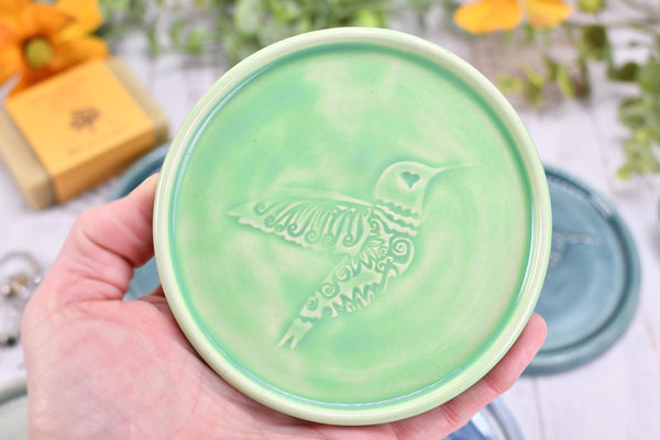 Hummingbird Ceramic Spoon Rest, Medium Flat Handmade Stoneware Stove Top Pottery in Blue, Gray, Green - Trinket Dish Housewarming Gift