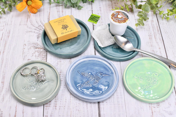 Hummingbird Ceramic Spoon Rest, Medium Flat Handmade Stoneware Stove Top Pottery in Blue, Gray, Green - Trinket Dish Housewarming Gift