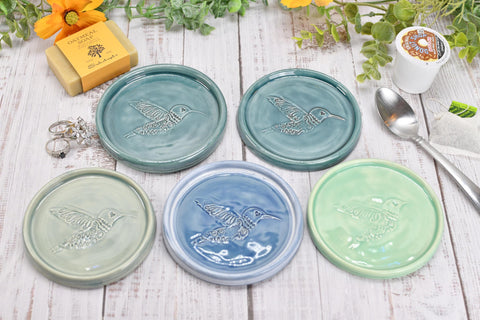 Hummingbird Ceramic Spoon Rest, Medium Flat Handmade Stoneware Stove Top Pottery in Blue, Gray, Green - Trinket Dish Housewarming Gift