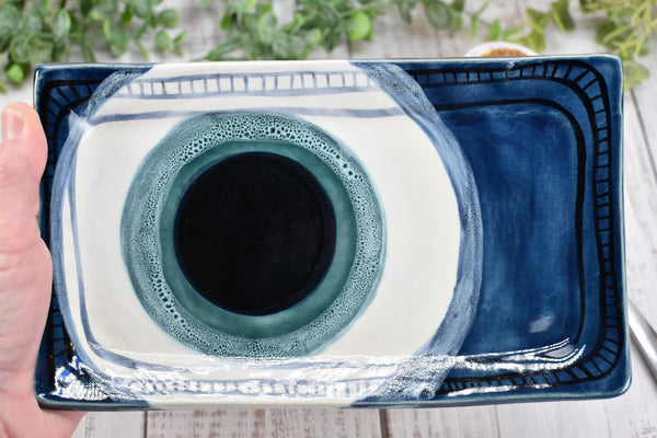Evil Eye Ceramic Pottery Nazar, Stove Top Spoon Rest Coffee Bar Tea, Blue White Handmade Handpainted Stoneware Catchall Trinket Housewarming