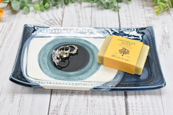Evil Eye Ceramic Pottery Nazar, Stove Top Spoon Rest Coffee Bar Tea, Blue White Handmade Handpainted Stoneware Catchall Trinket Housewarming