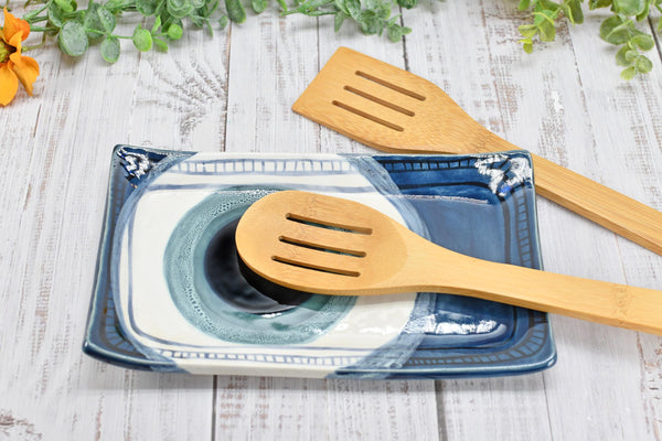 Evil Eye Ceramic Pottery Nazar, Stove Top Spoon Rest Coffee Bar Tea, Blue White Handmade Handpainted Stoneware Catchall Trinket Housewarming