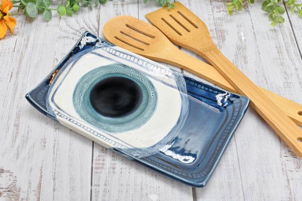 Evil Eye Ceramic Pottery Nazar, Stove Top Spoon Rest Coffee Bar Tea, Blue White Handmade Handpainted Stoneware Catchall Trinket Housewarming