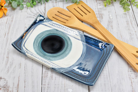 Evil Eye Ceramic Pottery Nazar, Stove Top Spoon Rest Coffee Bar Tea, Blue White Handmade Handpainted Stoneware Catchall Trinket Housewarming