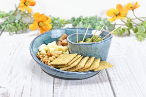 Chip Dip Ceramic Pottery Handmade Charcuterie Bowl, Spiral Blue Olive Snack Dish, Stoneware Party Serving Dining, Unique Housewarming Gift