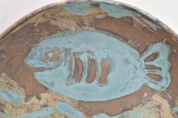 Fish Serving Bowl Ceramic Pottery Rectangle Plate Handmade Dish, Brown Teal Blue Stoneware Party Serving Dining, Unique Gift Housewarming