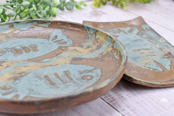 Fish Serving Bowl Ceramic Pottery Rectangle Plate Handmade Dish, Brown Teal Blue Stoneware Party Serving Dining, Unique Gift Housewarming