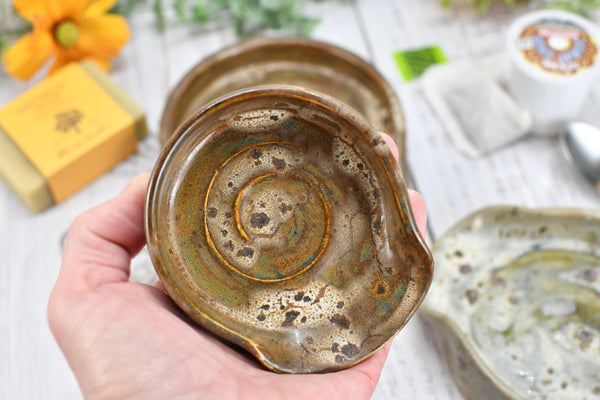 Brown Ceramic Spoon Rest, Handmade Small Large Cream Stoneware Pottery, Stovetop, Tabletop, Countertop Coffee Tea Bag Holder, Soap Dish