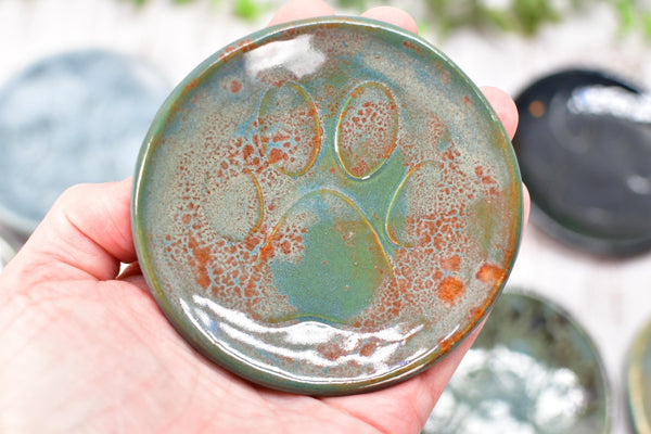 Paw Print Ceramic Small Coffee Spoon Rest, Jewelry Trinket Dish, Handmade Stoneware Pottery in Blue, Green, Teal, Brown, Black, Unique Gift