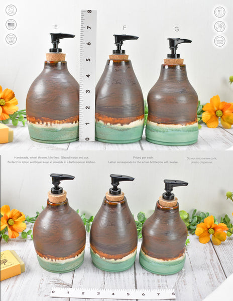 Handmade Ceramic Lotion / Soap Dispenser Stoneware Pottery in Bronze, Copper, Rust Orange, and Turquoise for Bathroom and Kitchen Decor