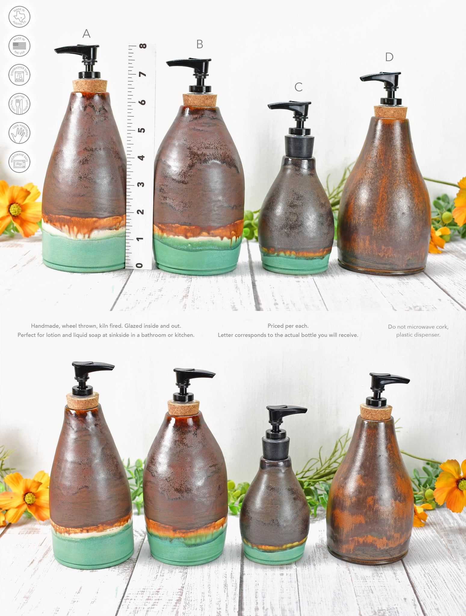 Handmade Ceramic Lotion / Soap Dispenser Stoneware Pottery in Bronze, Copper, Rust Orange, and Turquoise for Bathroom and Kitchen Decor