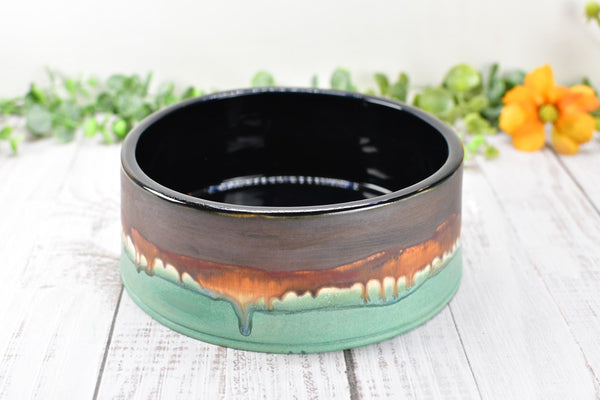 Ceramic Dog Food or Water Bowl in Bronze, Verdigris Green and Black - Handmade Stoneware Pottery Wheel Thrown Medium to Large Size Pet Dish
