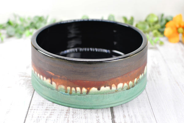 Ceramic Dog Food or Water Bowl in Bronze, Verdigris Green and Black - Handmade Stoneware Pottery Wheel Thrown Medium to Large Size Pet Dish