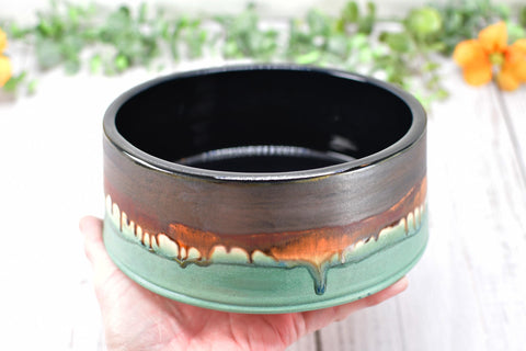 Ceramic Dog Food or Water Bowl in Bronze, Verdigris Green and Black - Handmade Stoneware Pottery Wheel Thrown Medium to Large Size Pet Dish